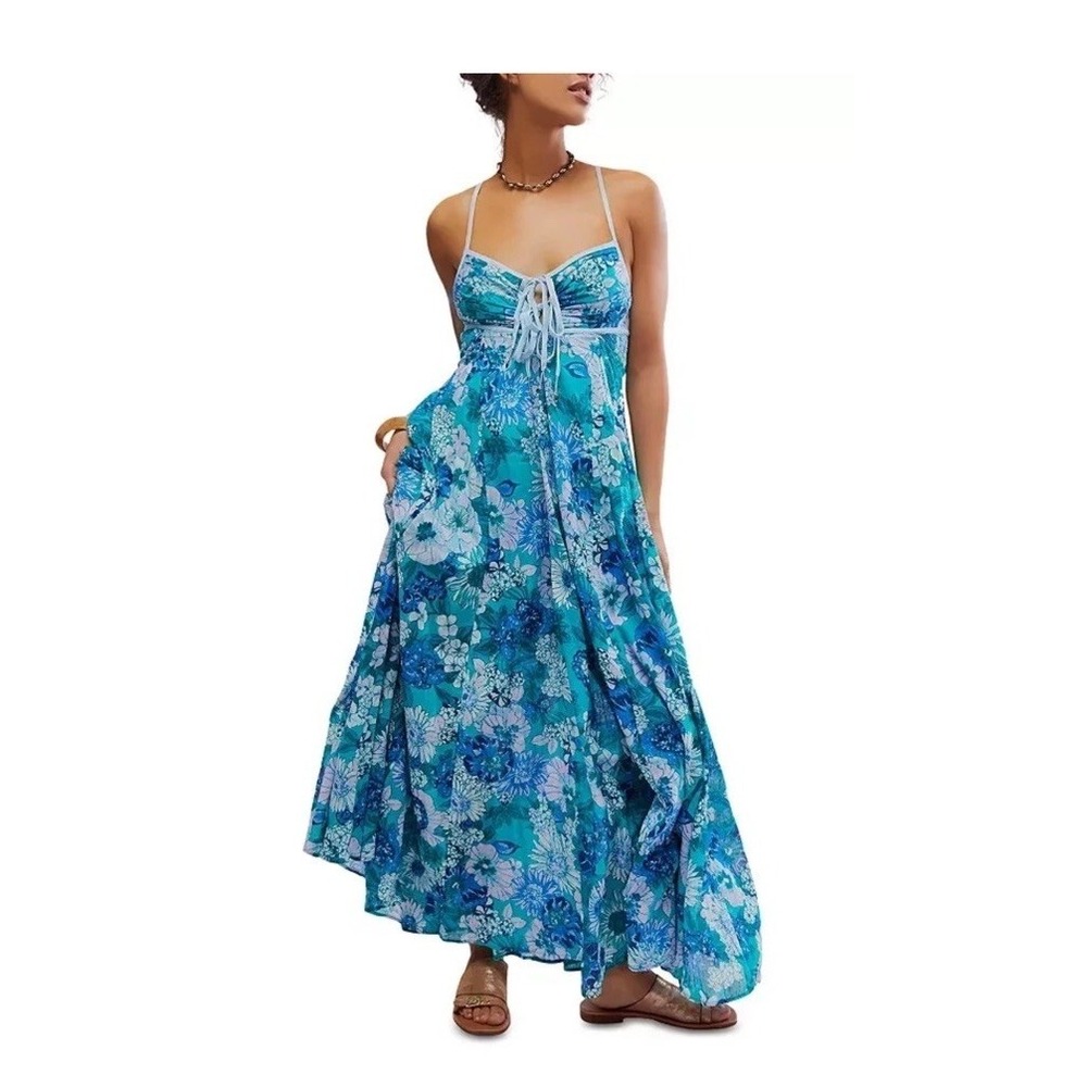 NEW Free People Dream Weaver Maxi Dress blue Floral Flower Boho Fairy Whimsy M - Picture 8 of 8